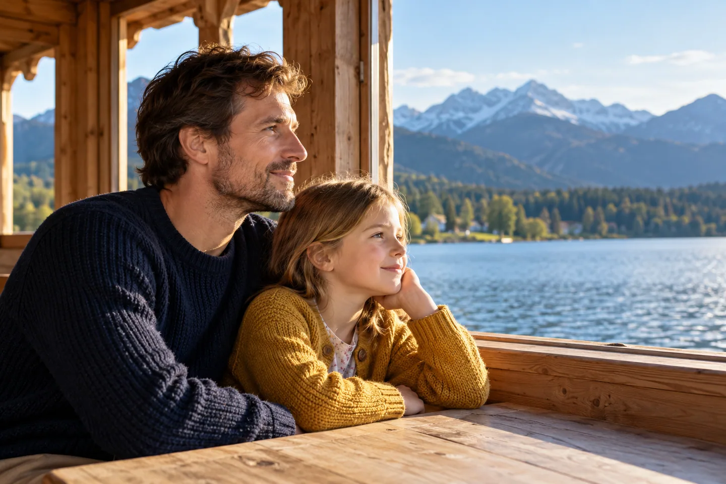 Vater und Tochter sitzen in einem Holzpavillon mit Blick auf einen See und Berge.