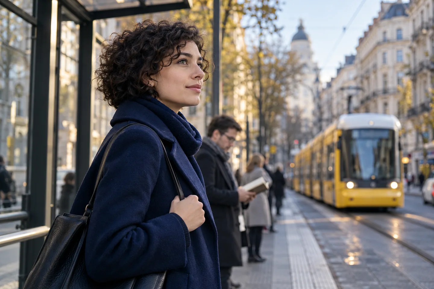 Frau mit dunklen Locken wartet an einer Haltestelle in einer Berliner Straßenszene.