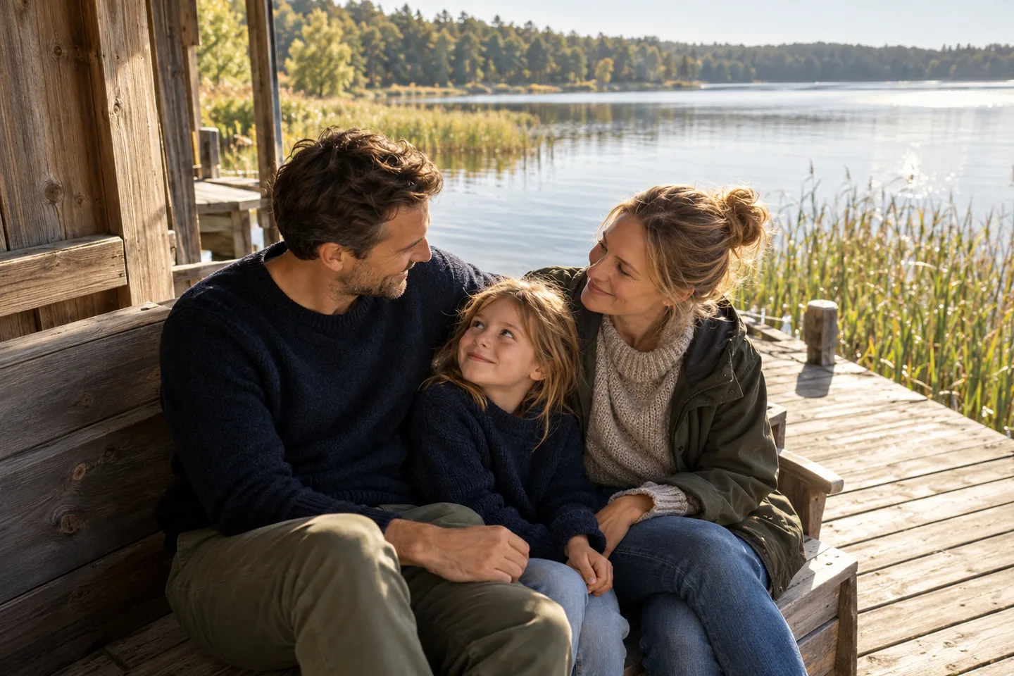 Eltern sitzen mit ihrem Kind an einem ruhigen See mit Schilf und Kiefernwald.