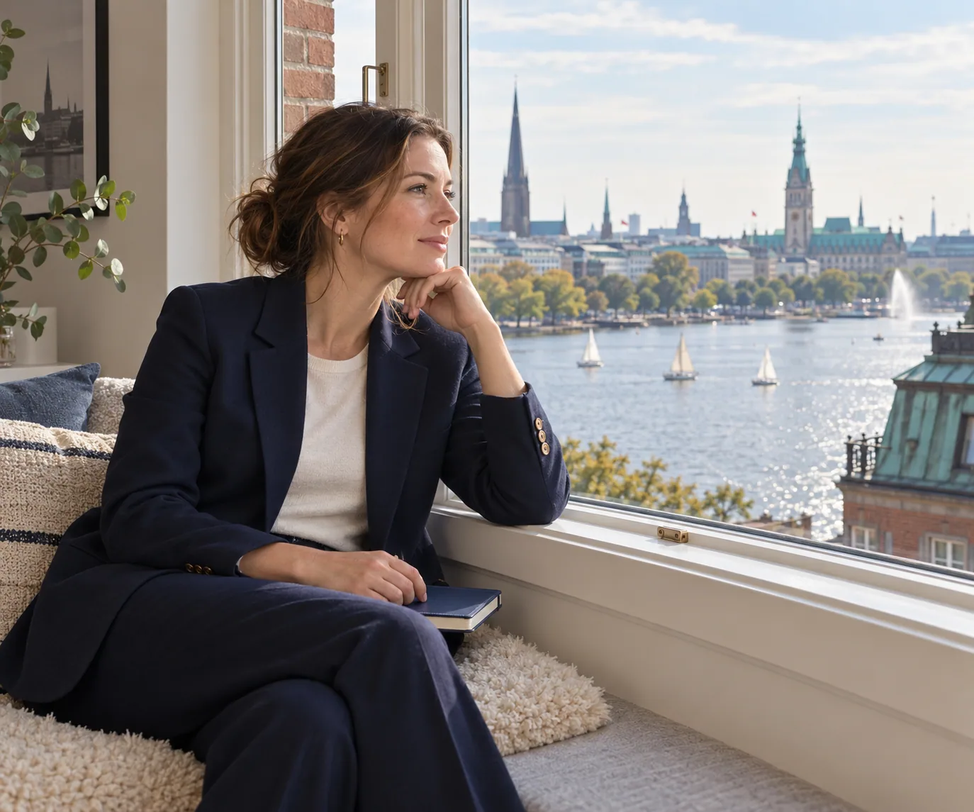 Frau auf einer Fensterbank mit Blick auf Wasser, Segelboote und städtische Dächer.