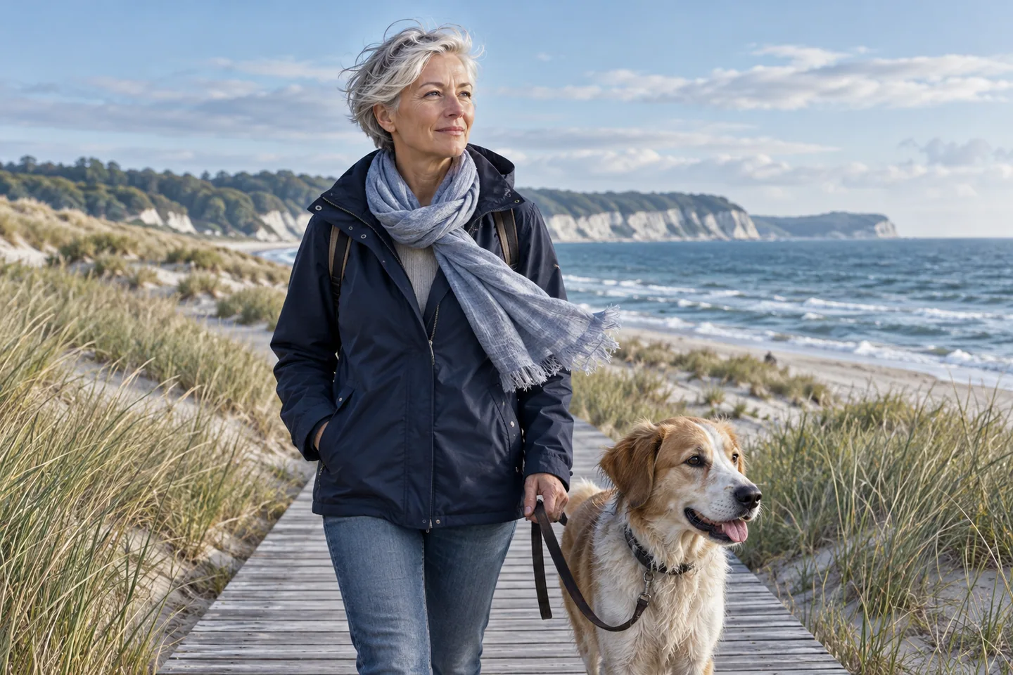 Frau im Windbreaker mit Hund auf einem Holzsteg zwischen Küstengräsern.