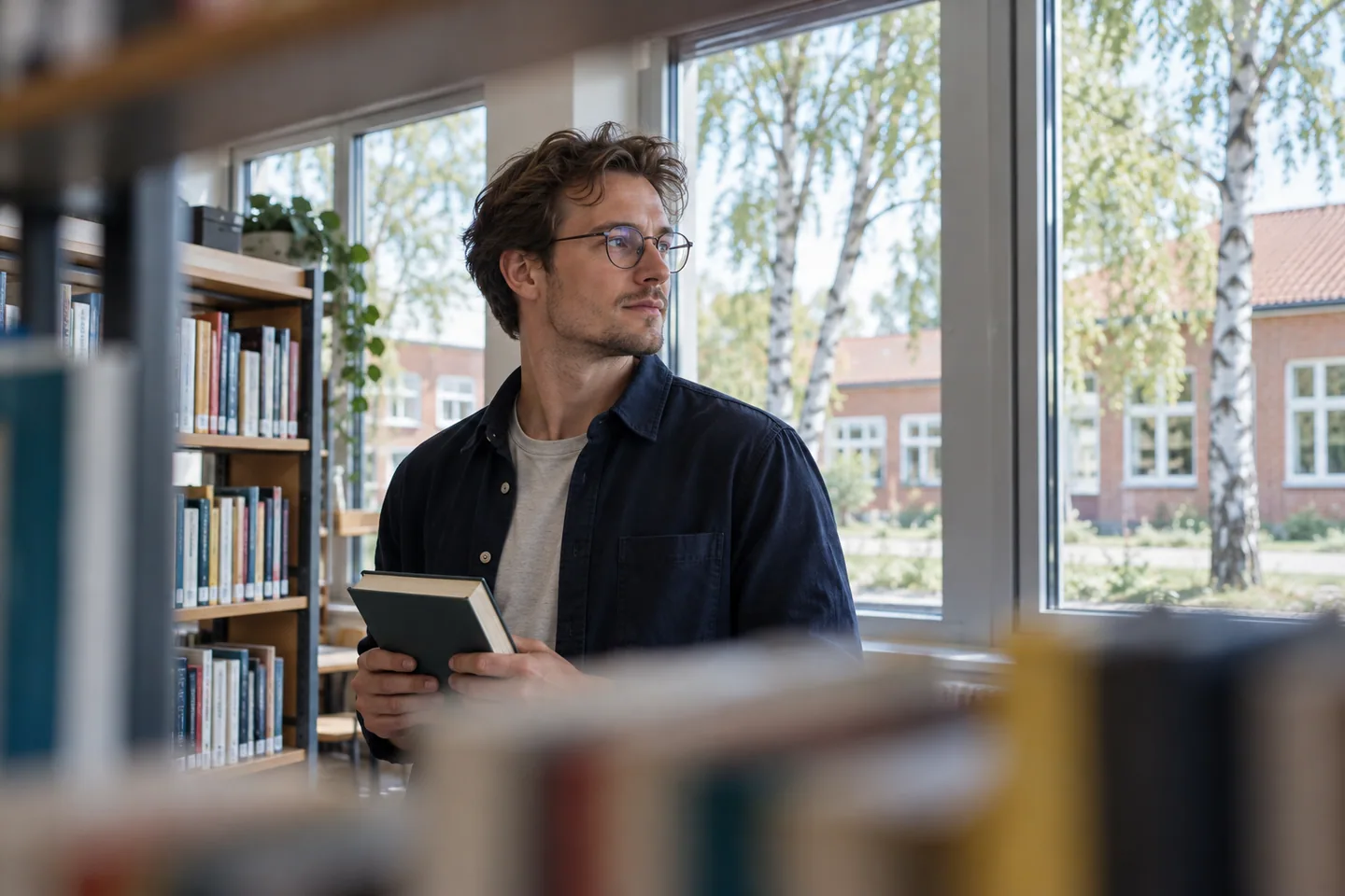 Mann mit Brille und Buch in einer hellen Bibliothek mit Blick auf Birken.