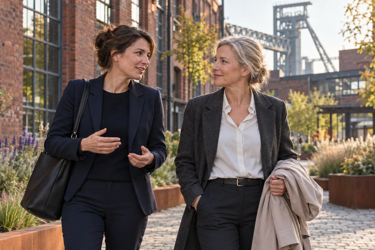 Zwei Frauen im Gespräch in einem begrünten Backsteinhof mit industrieller Architektur.