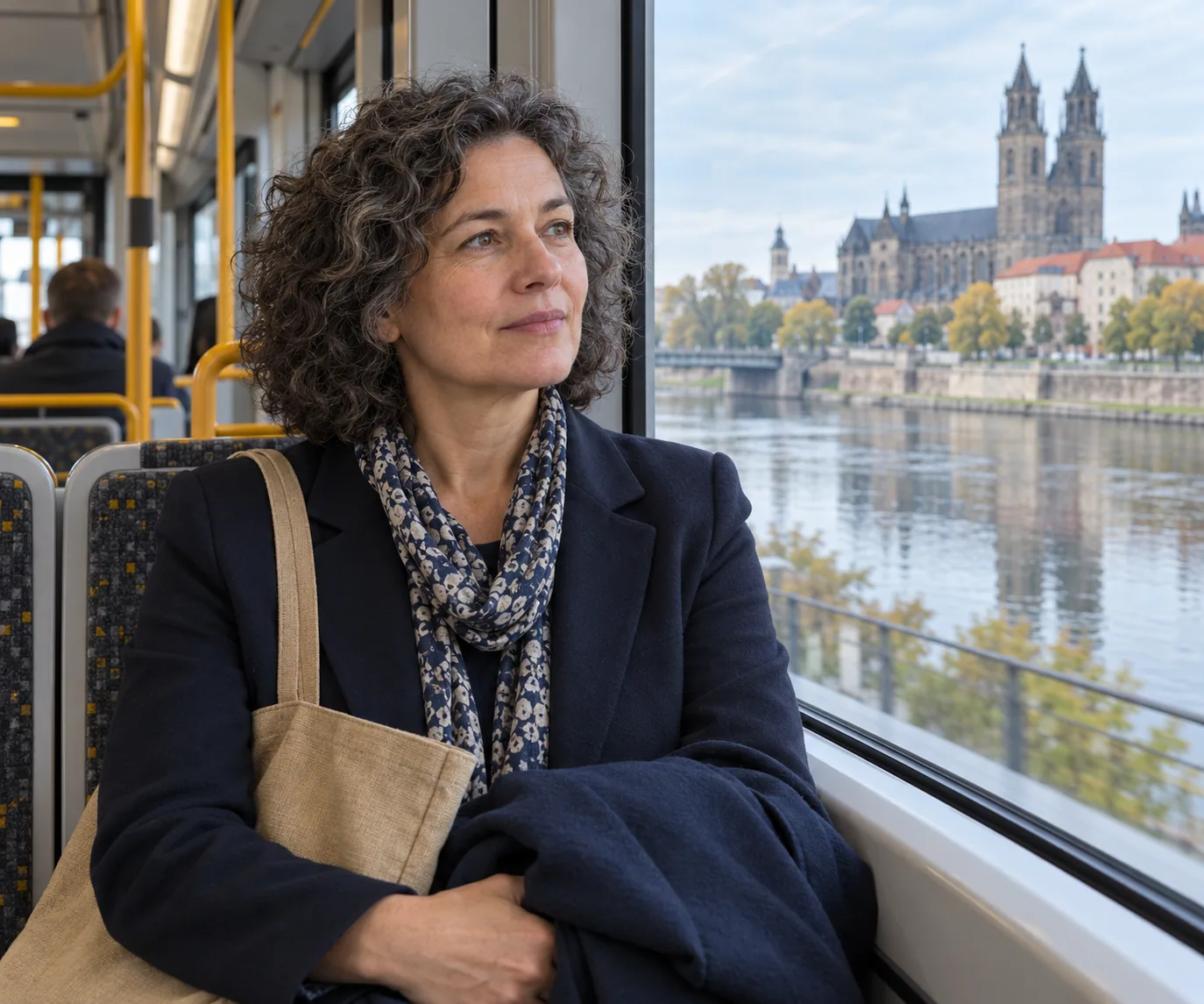 Frau mit grauen Locken sitzt in einer Straßenbahn neben einem großen Fenster.