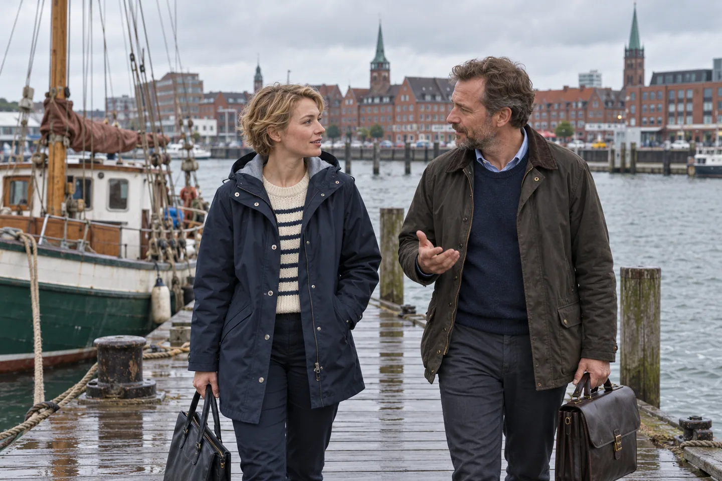 Frau im Regenmantel und männlicher Begleiter auf einem Steg vor einem Hafen.