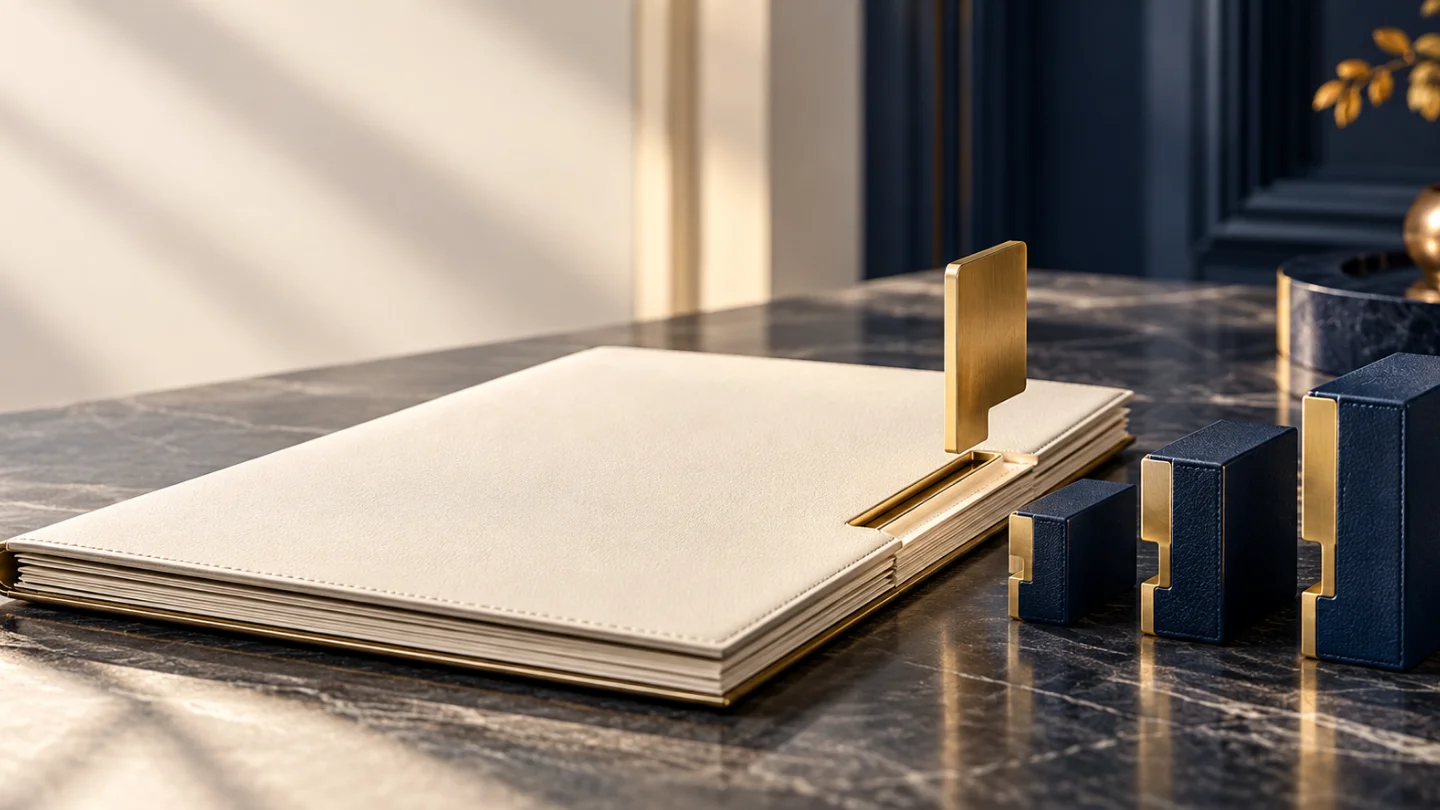 Drei unterschiedlich hohe dunkelblaue Elemente mit goldenen Kanten neben einer offenen hellen Mappe als Symbol für die spätere Anpassung einer Versicherungsrente.