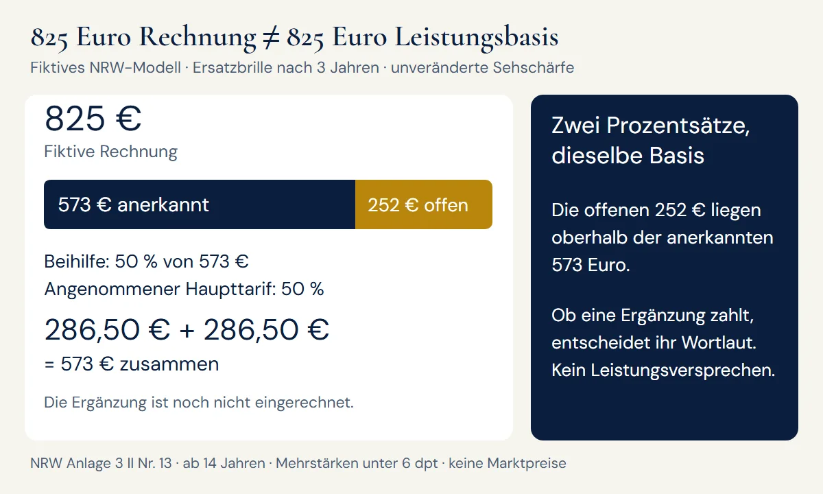 NRW-Brillenmodell: 825 Euro Rechnung, 573 Euro anerkannte Basis und 252 Euro offener Betrag; Beihilfe und angenommener Haupttarif jeweils 286,50 Euro