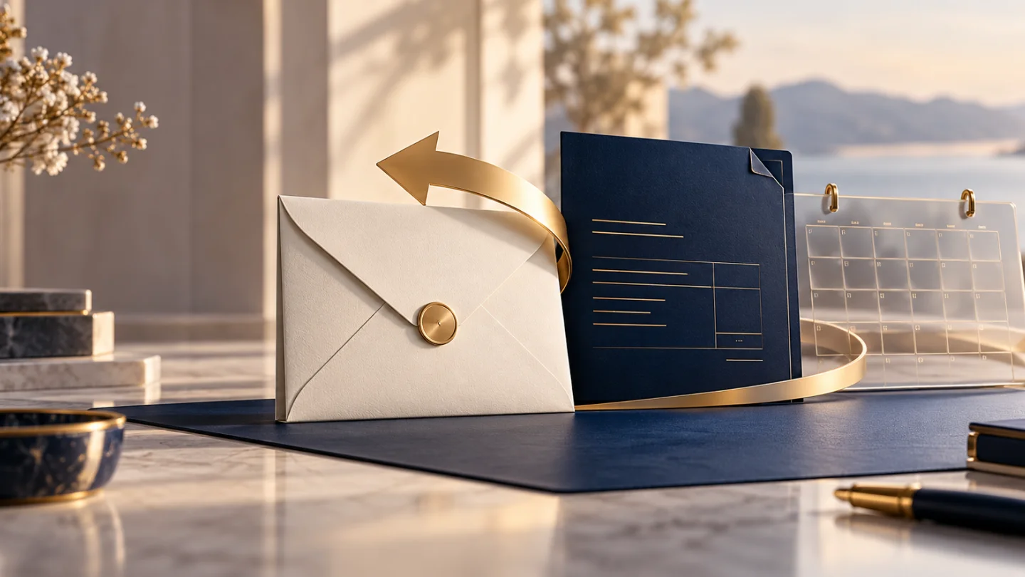 Symbolische Rückzahlung: goldener Pfeil zwischen Briefumschlag, Versicherungsmappe und Kalender