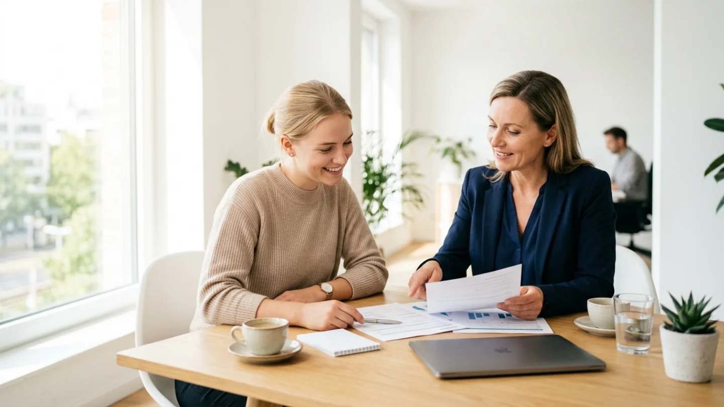 Zwei Frauen besprechen Unterlagen an einem hellen Beratungstisch; illustratives Themenmotiv