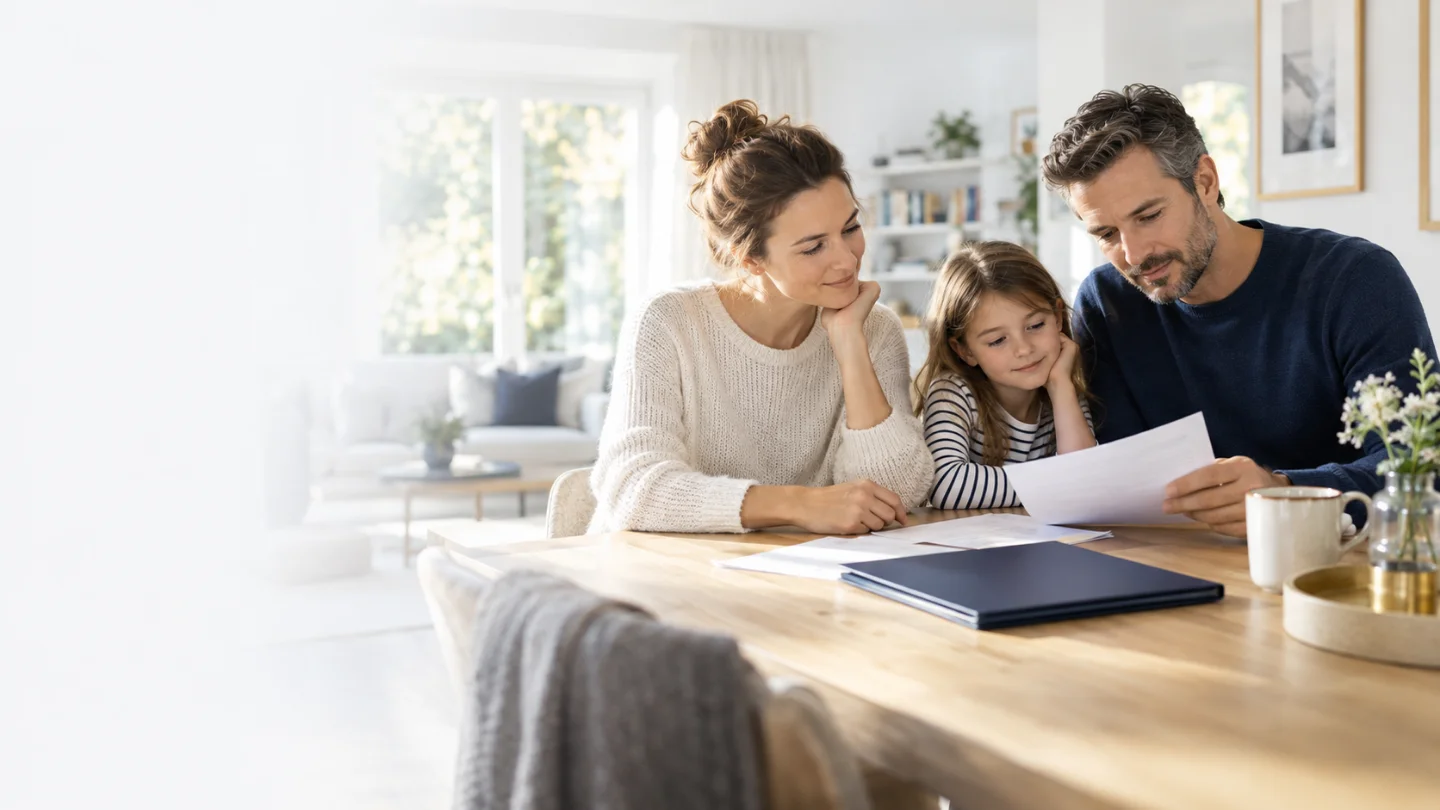 Eltern und Kind betrachten gemeinsam Unterlagen zur Absicherung ihrer Familie.