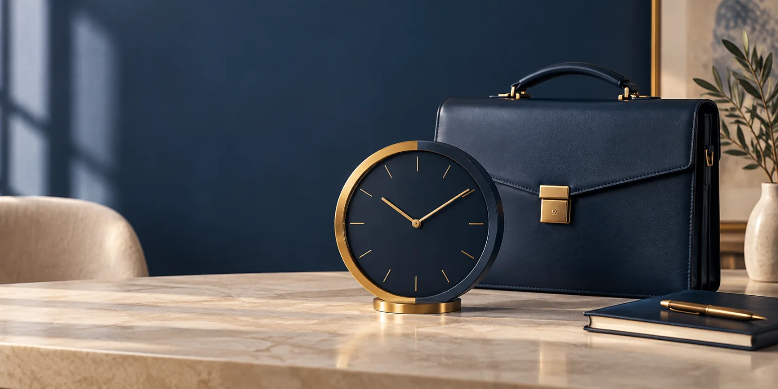 Bürouhr mit teilweise goldenem Rand und Aktentasche als Symbol für reduzierte Arbeitszeit bei Teildienstfähigkeit.