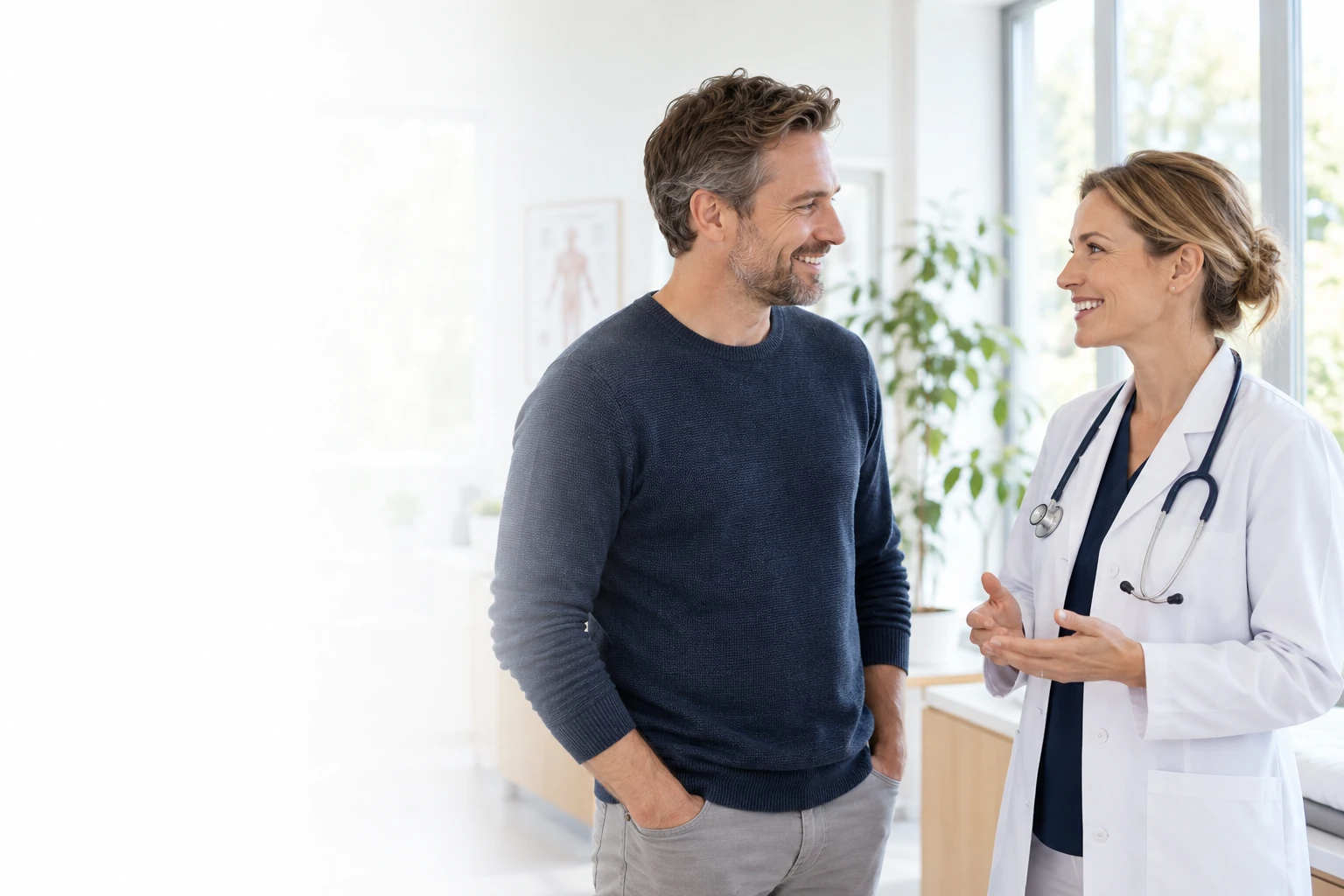 Generierte Szene: Ärztin und Patient in einer hellen Praxis; kein reales Kundengespräch.